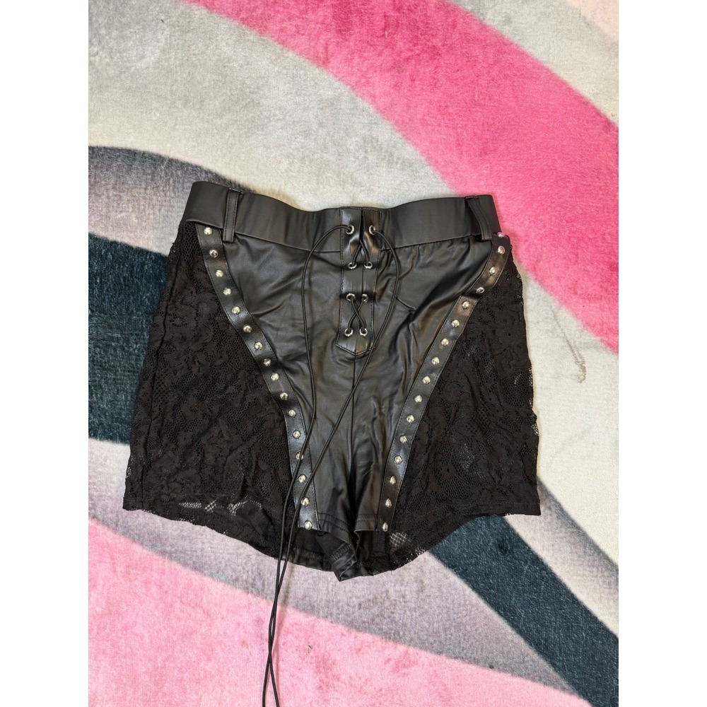 Faux Leather Lace Studded Hot Pants Shorts Black XS Gothic Festival Rave